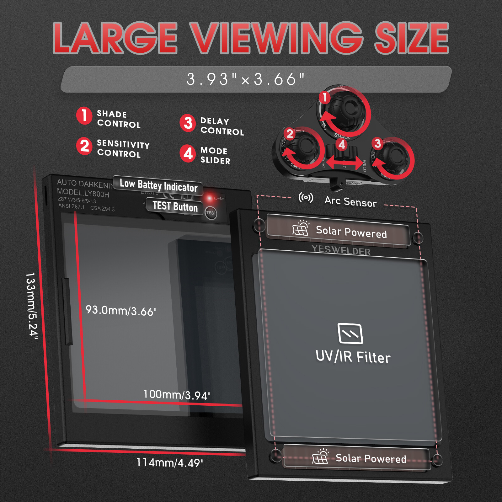 YESWELDER Auto Darkening Welding Helmet Fan Light 1/1/1/1 Color Solar Powered
