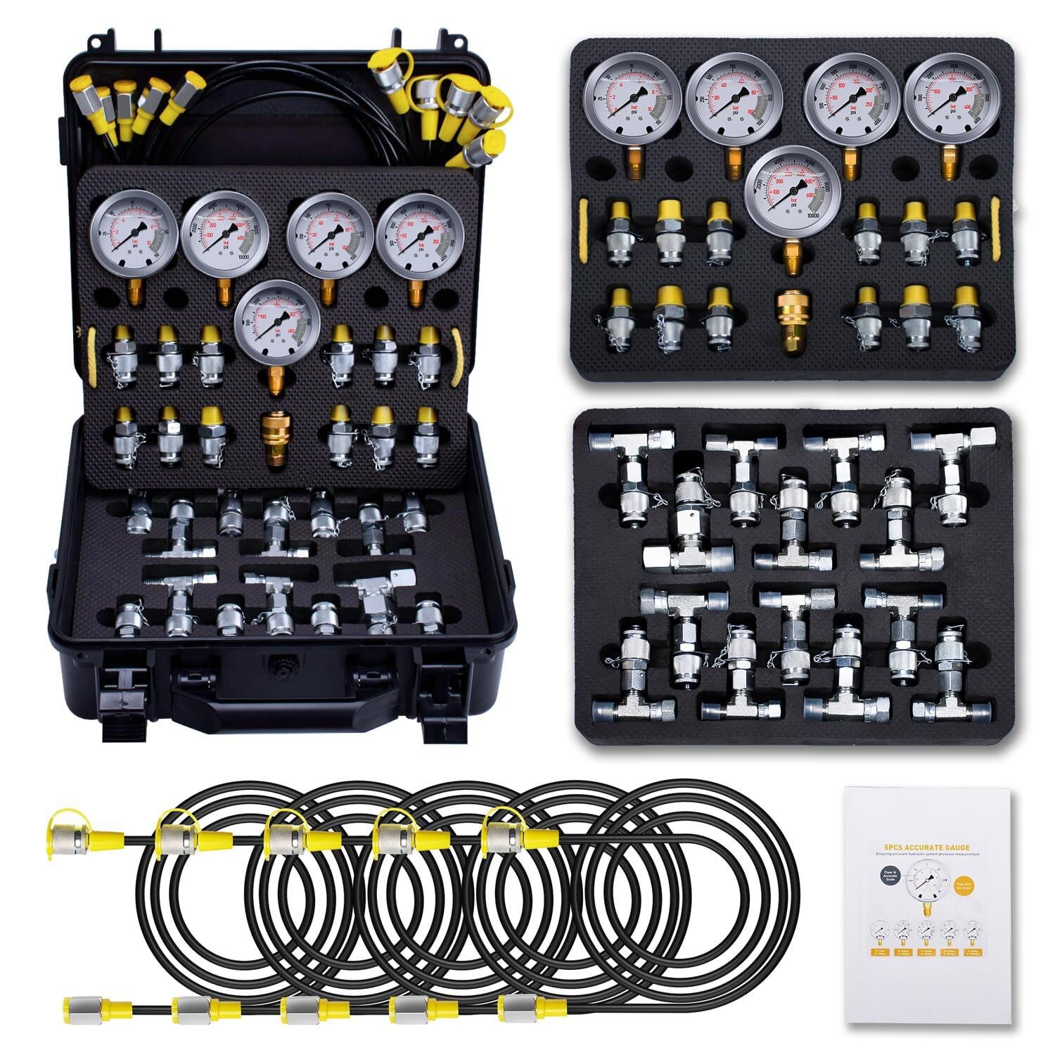 Hydraulic Pressure Test Kit 5 Gauges 13 Couplings 14 Tee Connectors 5 Test Hoses