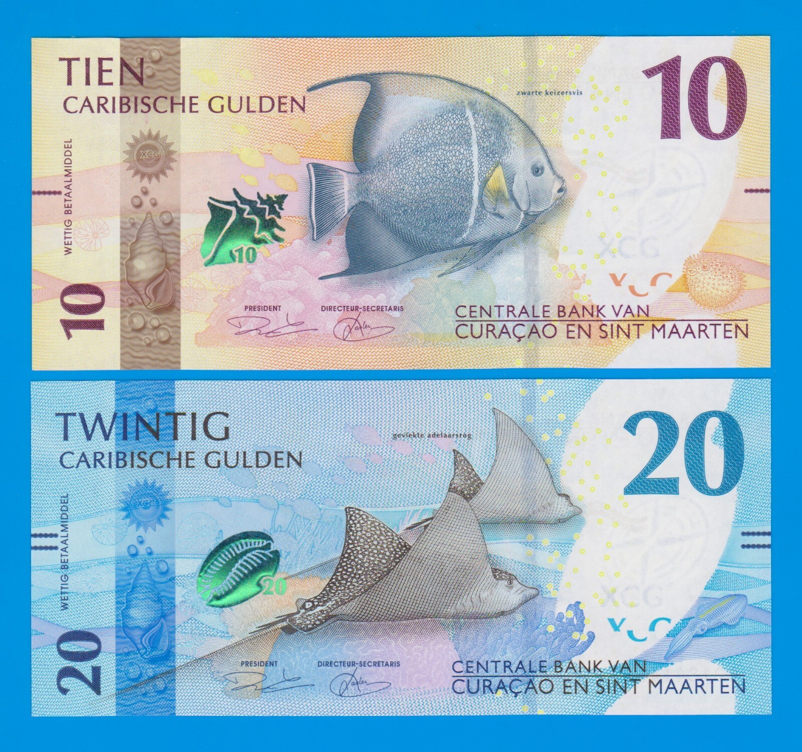 CURACAO and SINT MAARTEN 2 NOTES! 10 + 20 Caribbean Gulden P 1+P 2, NEW 2025 UNC