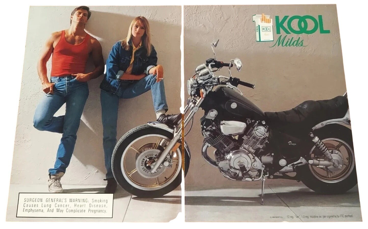 Vintage 1986 KOOL Milds Cigarettes Motorcycle Denim 2-Page Tobacco Print Ad