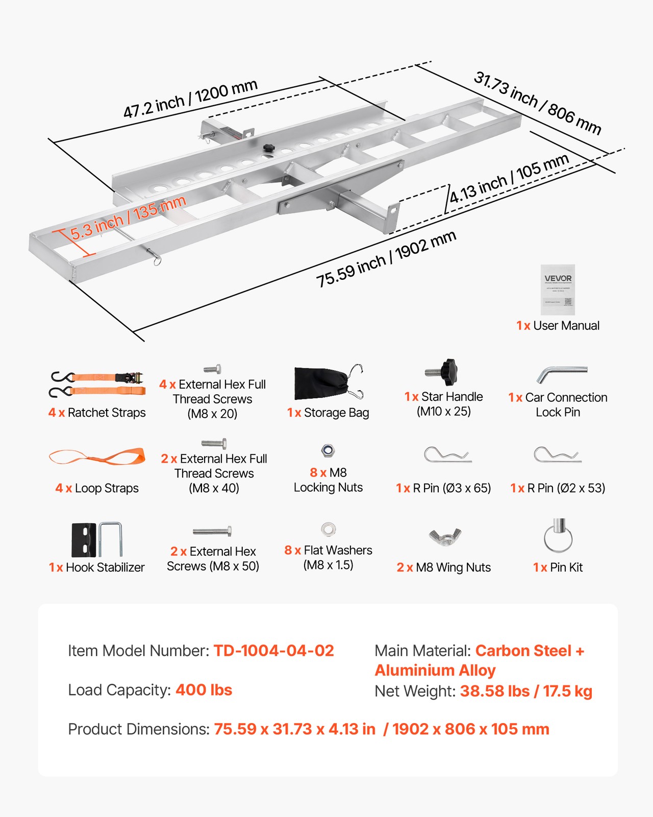 VEVOR Motorcycle Carrier Scooter Dirt Bike Hitch Mount 400 lbs Rack Ramp Hauler