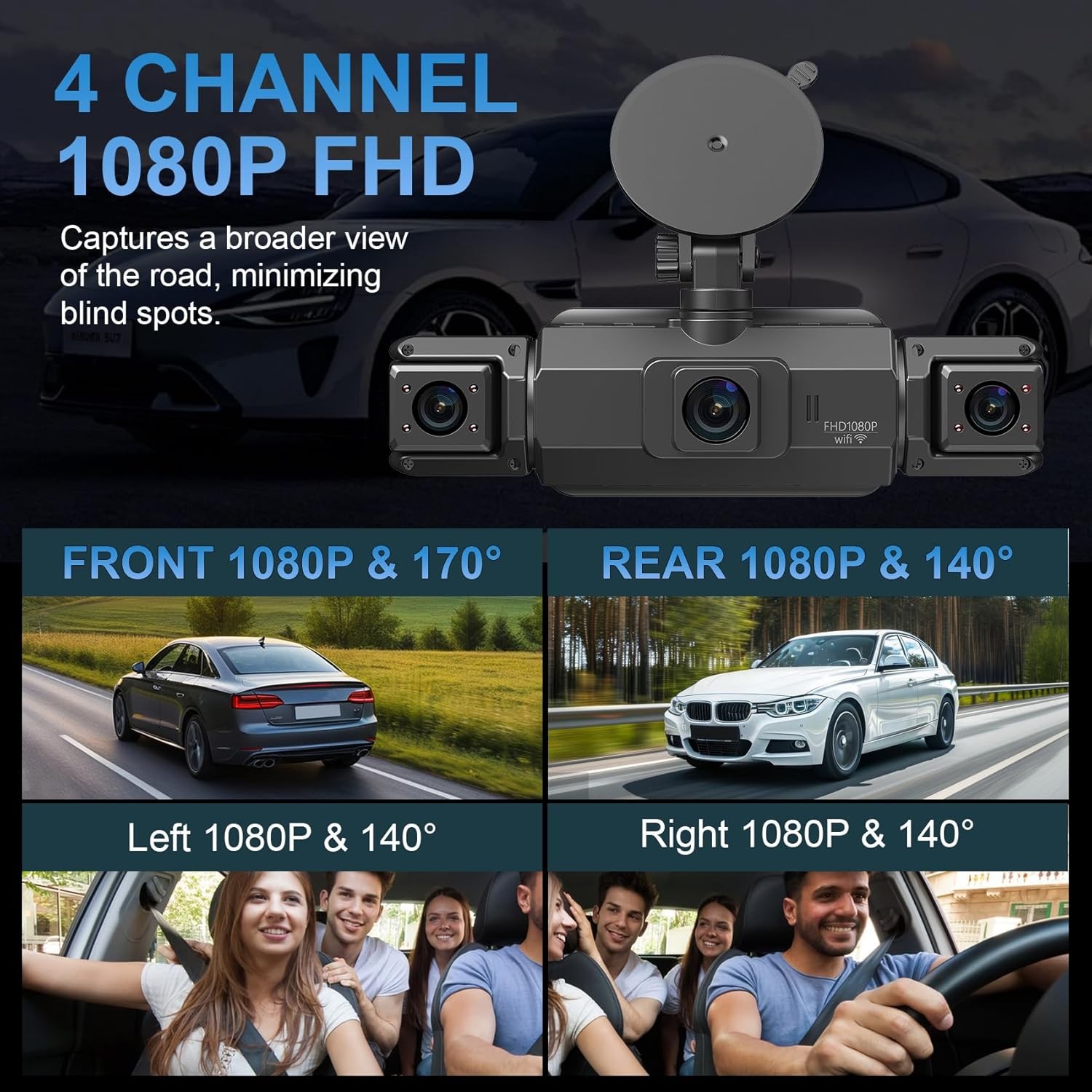Dash Cam 4 Channel 360° Front Rear Inside DashCam, HD 1080P Car Camera 64GB