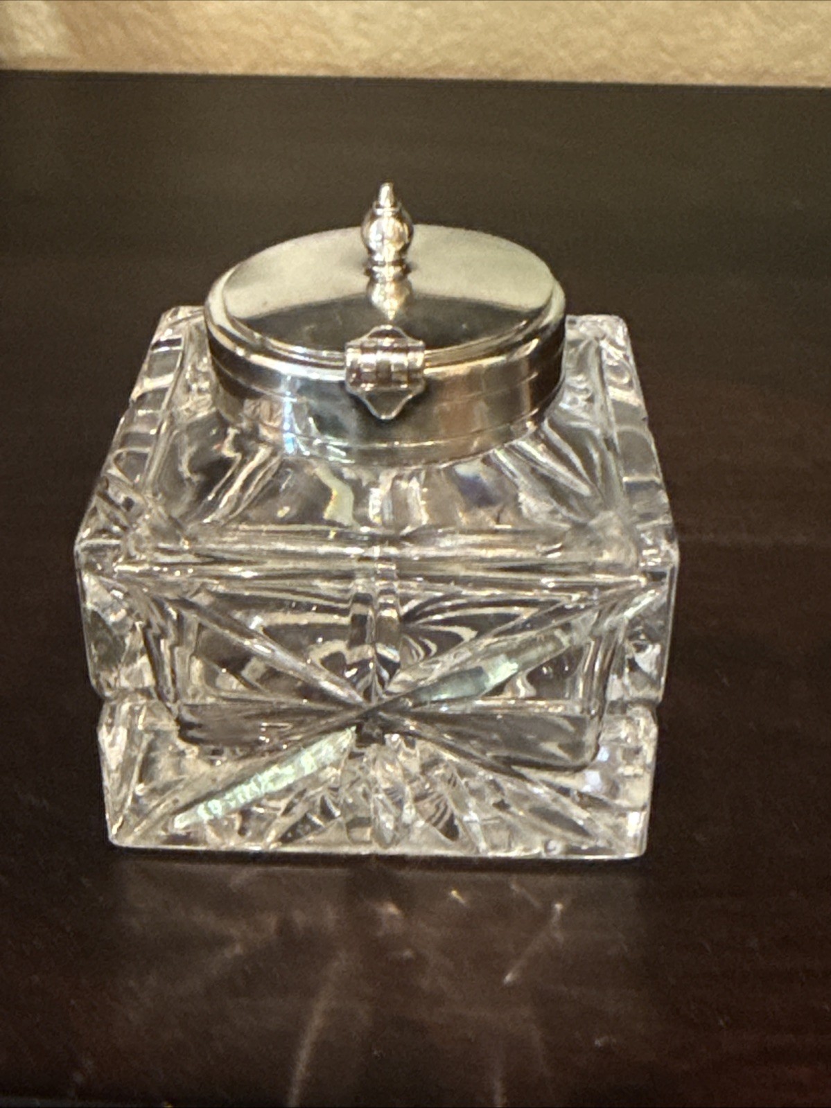 ENGLISH Cut CRYSTAL Inkwell With STERLING SILVER Collar And Lid by R&S Ltd