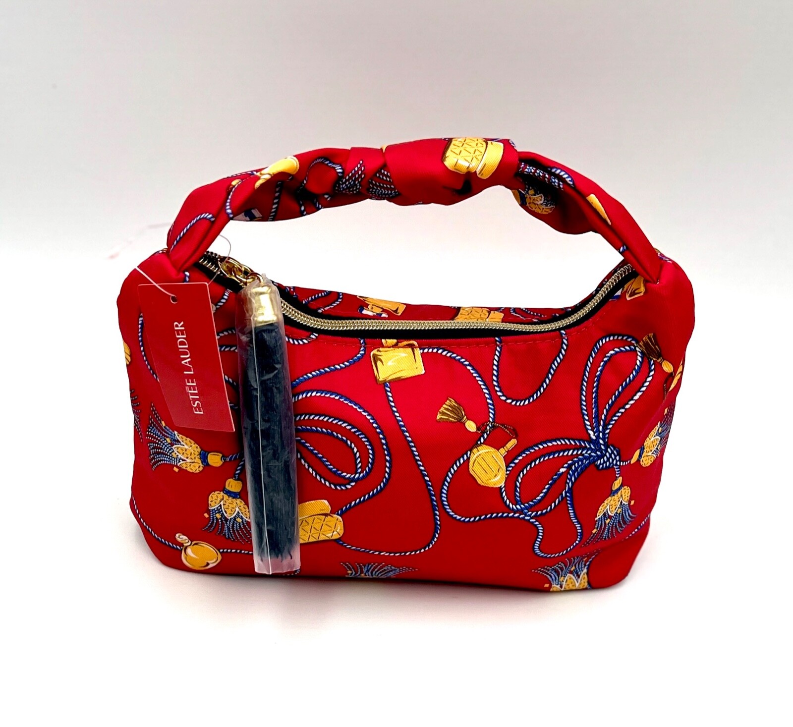 2 Bags: Estee Lauder Tassel Printed Makeup Bag/ HandBag ~ Red