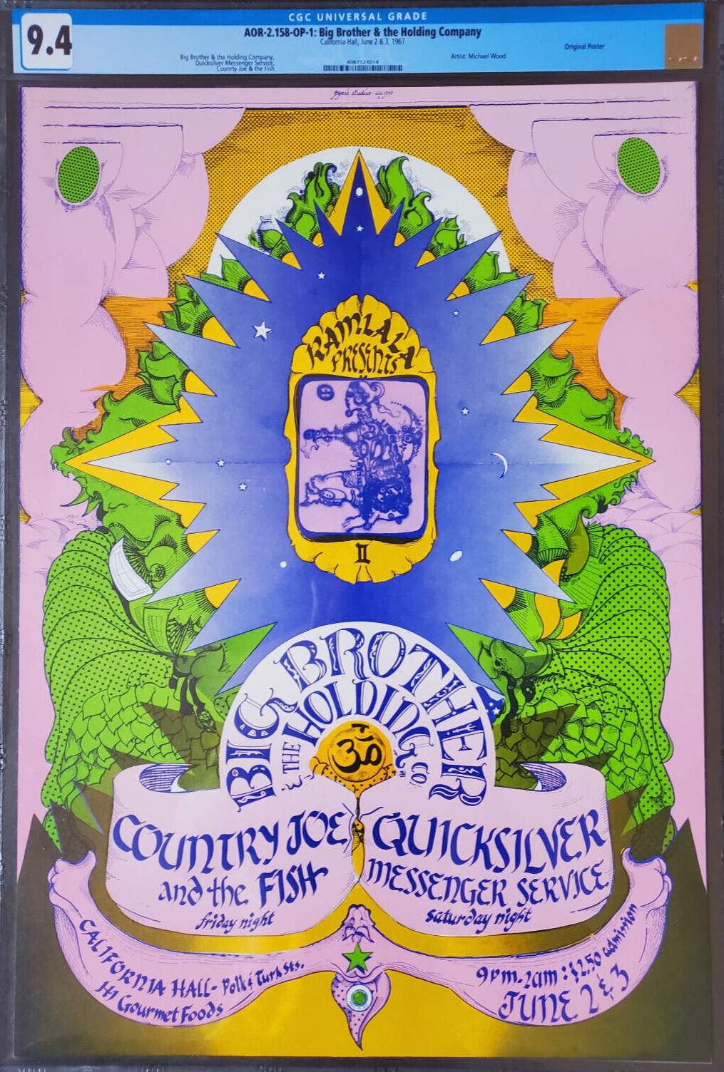 NM CGC Graded 9.4 AOR 2.158 Big Brother Janis Joplin 1967 California Hall Poster