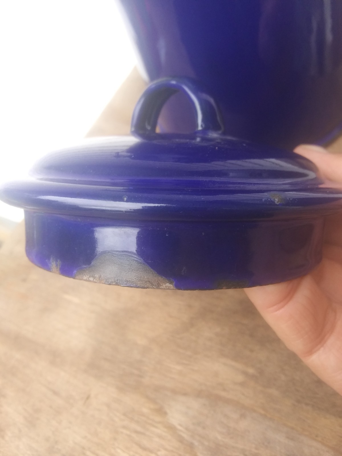 Vintage Blue Enamel White Inside Milk Pail w/Lid Wooden Handle Made in Holland