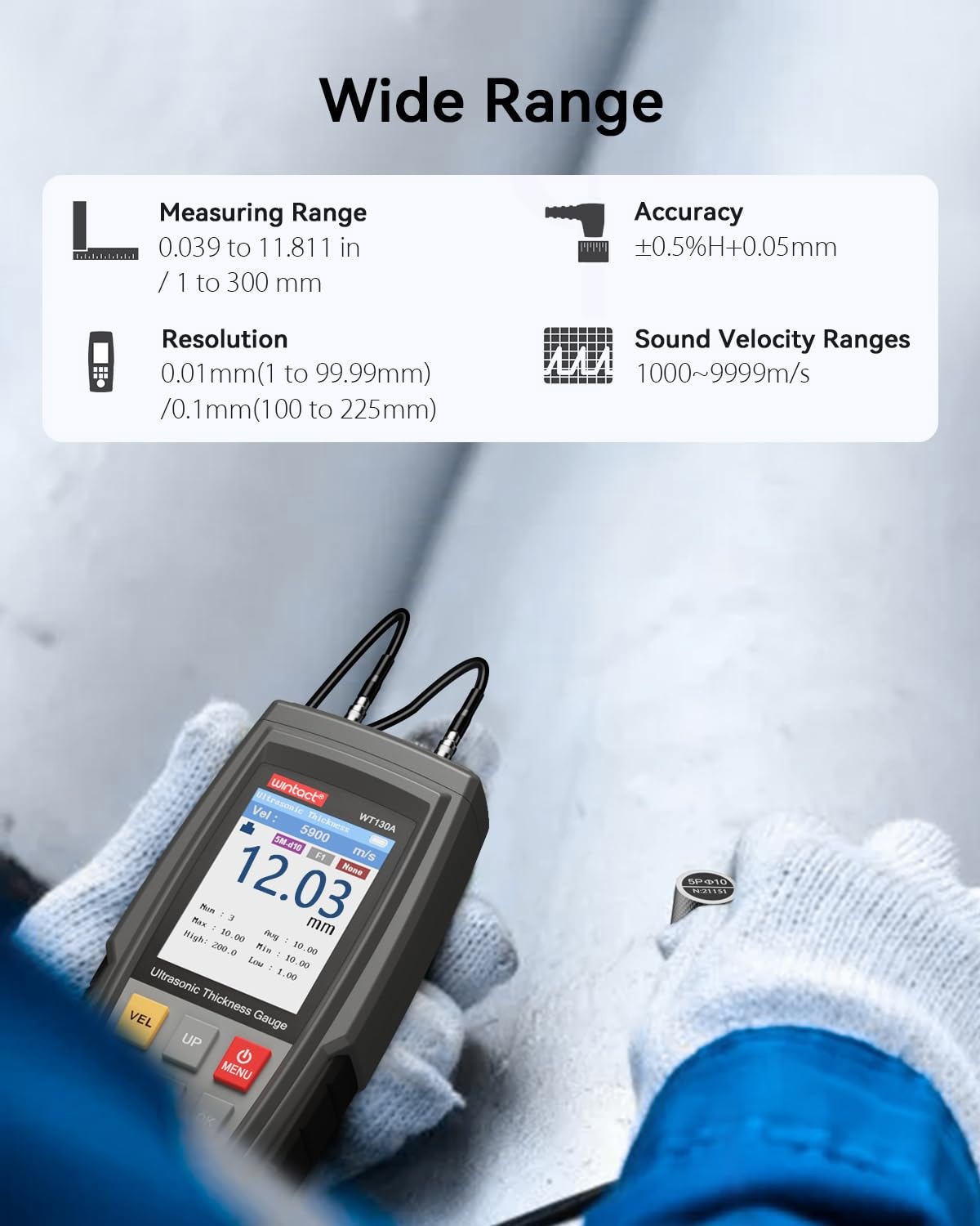 Digital Ultrasonic Thickness Gauge Tester 0.039 to 11.81 in For Metal Cast Iron