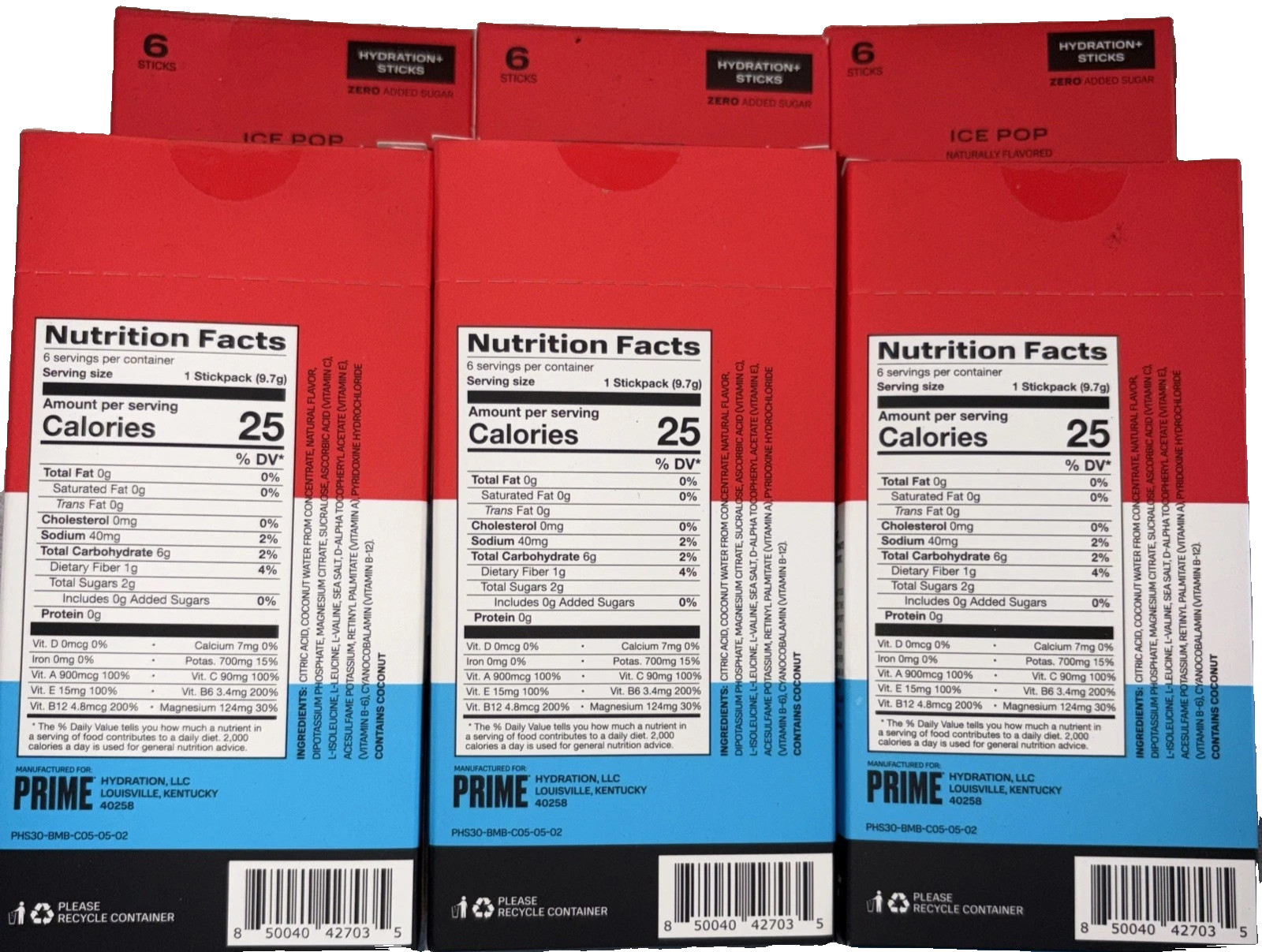 6 Prime Ice Pop Powder Hydration Electrolyte Boxes 36 Total Packets Exp: 04/2027