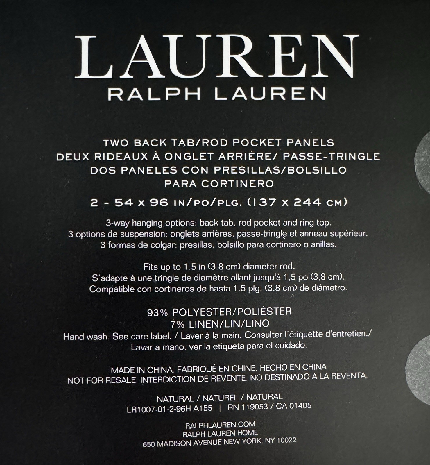 New Ralph Lauren Window Curtains 2 Panels Natural 54 x 96 Linen Back Tab Marley