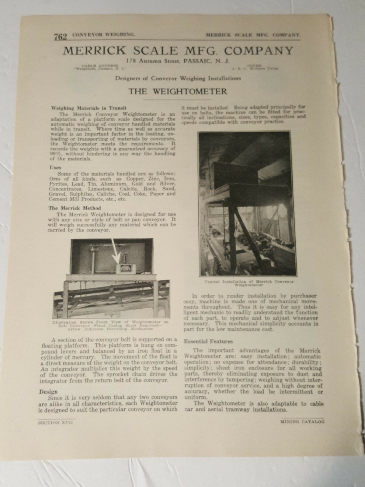 1923 print ad MERRICK SCALE MFG COMPANY mine conveyor scale "The Weightometer"