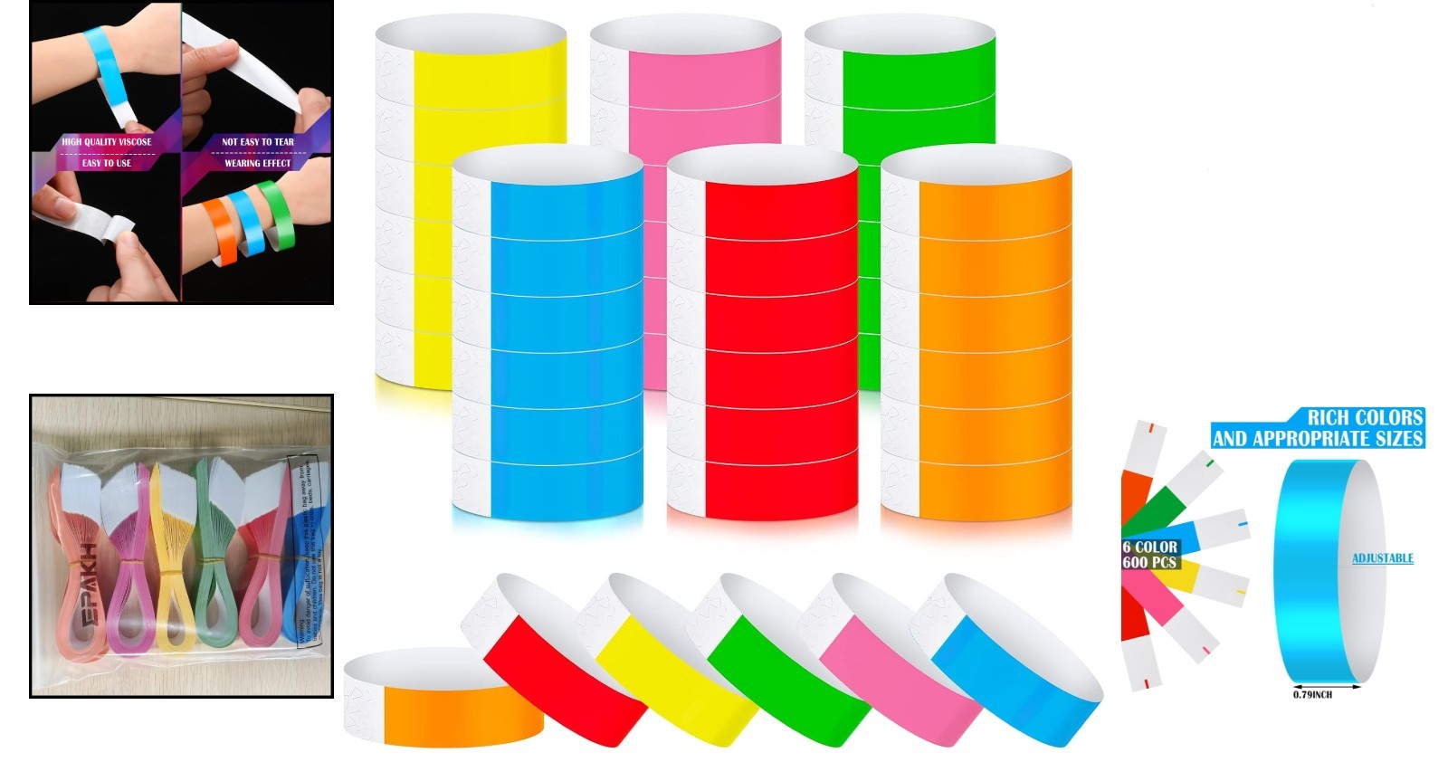 Adhesive Neon Wristbands - 600 Colorful Waterproof Bands for All Occasions