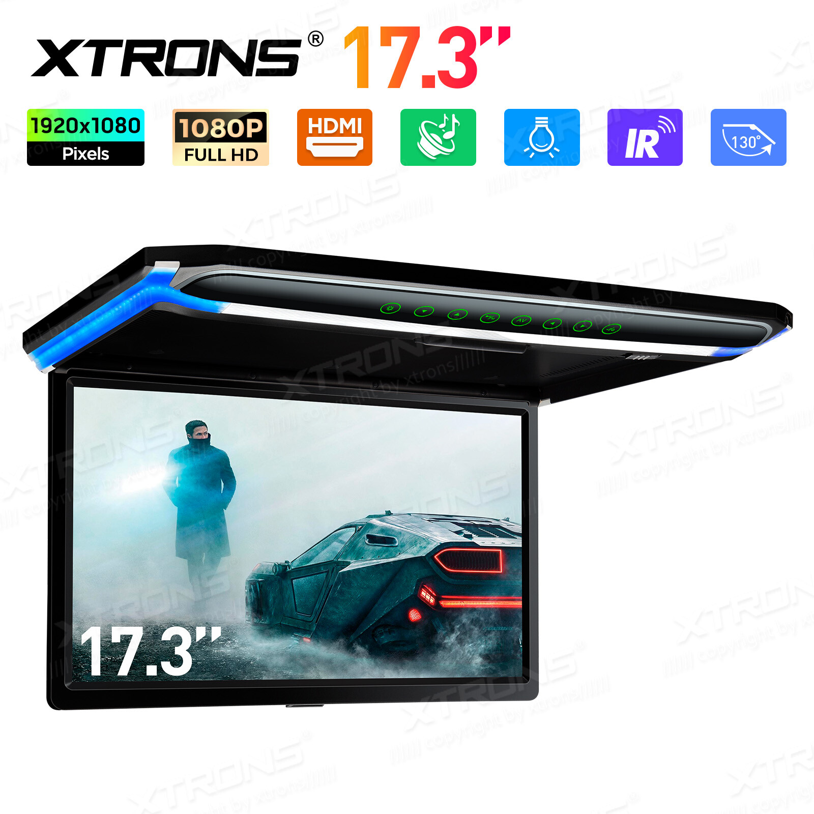 17.3" Car Overhead Ceiling Roof Mount Monitor Flip Down 1080P Video HDMI Player