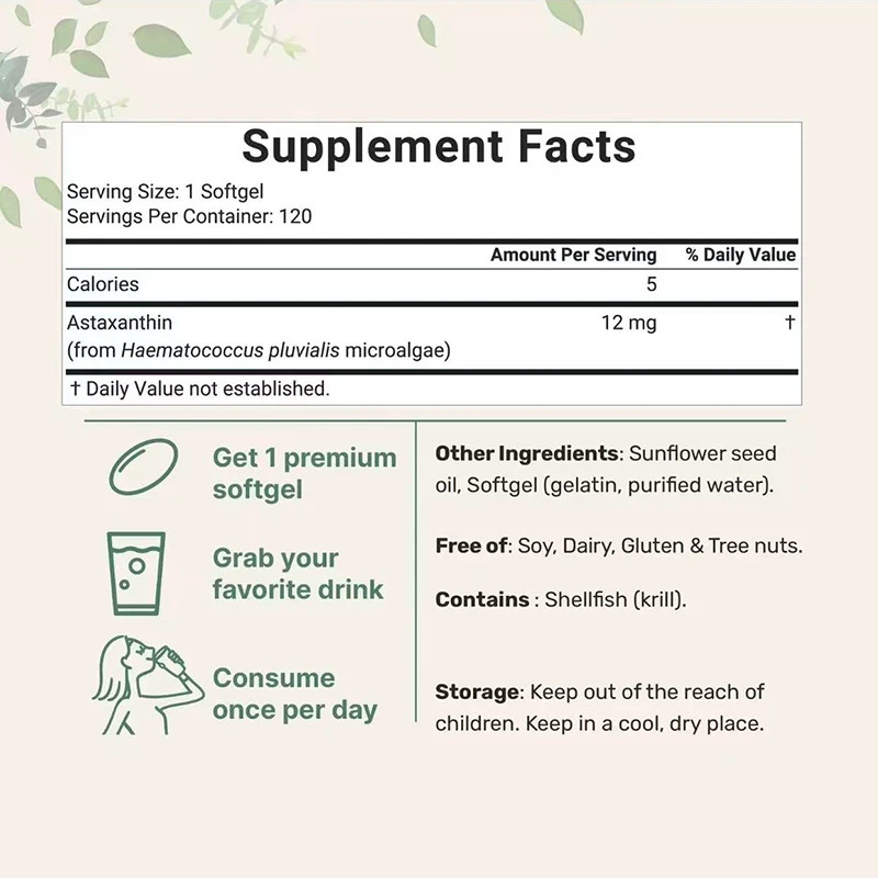 Micro Ingredients Astaxanthin 12mg, 120 softgels, tanning pills, Strength