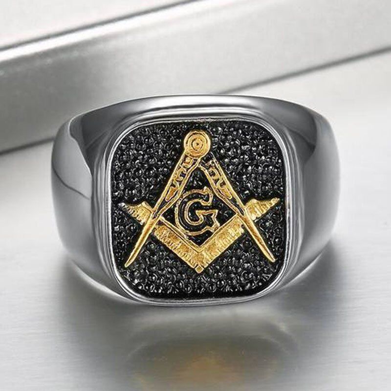 MENDEL Mens Stainless Steel Gold Plated Freemason Masonic Ring Silver Size 7-15