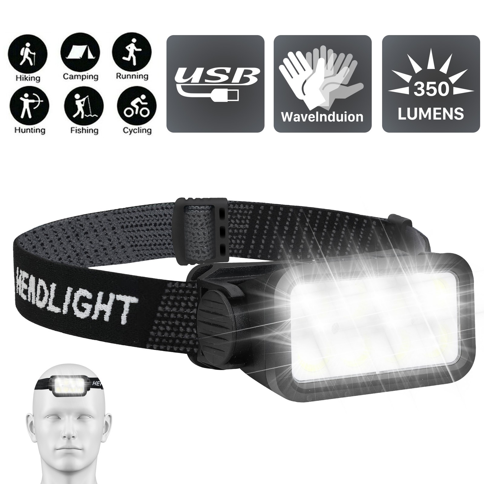 COB LED Headlamp USB Rechargeable Headlight Torch Work Light Bar Head Band Lamp