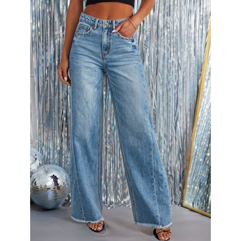 Women's Fashion Casual High-Waisted Wide Leg Stretch Denim Jeans With Pockets
