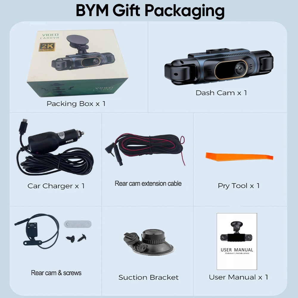 2K 4 Channels Dashboard Camera Dash Cam CAR DVR Driving Recorder 3.16 IPS Screen