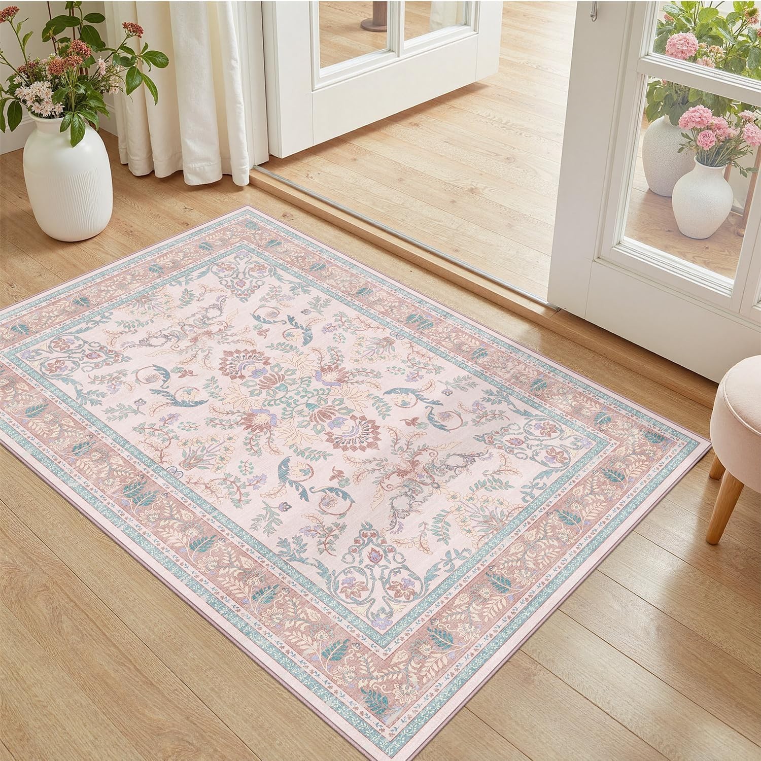 DCX 2x3 Pink Vintage Floral Rug, Machine Washable Non Slip Low Pile Carpet fo...