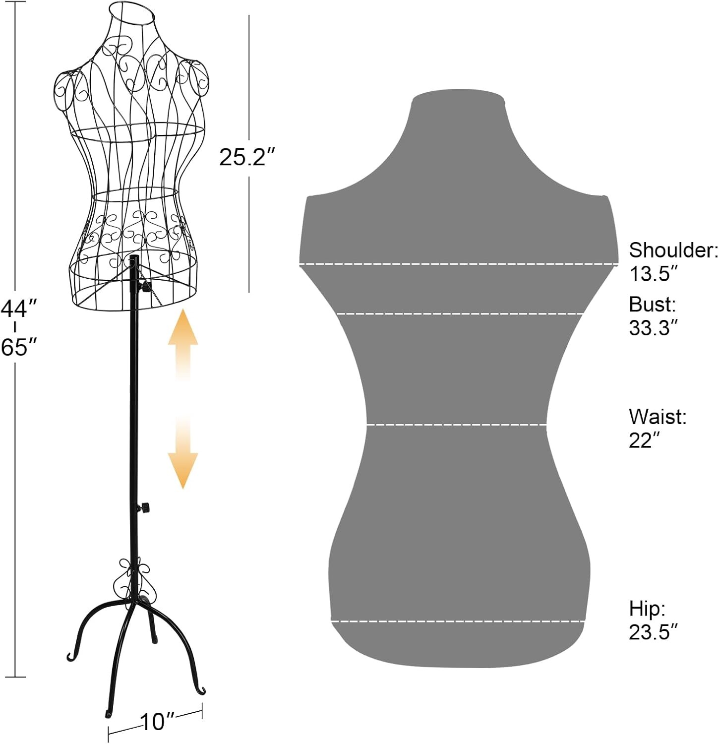 Vintage Wire Dress Form, Adjustable Height 44-65in, Black Metal Mannequin Decor