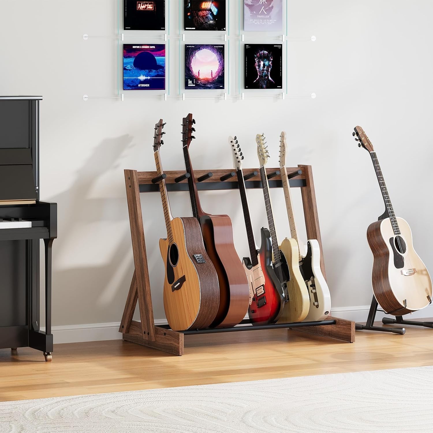 Guitar Stand, Hardwood Guitar Rack for Multiple Instruments, Multi-Guitar Sto...