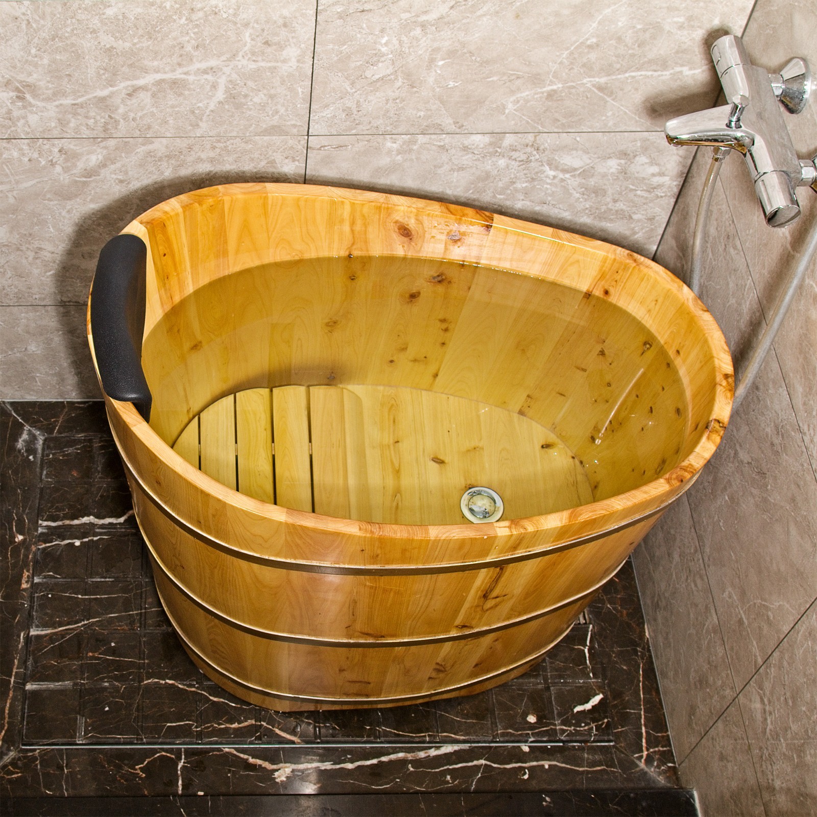 JRYTIN 34” Japanese Soaking Tub, Mobile Freestanding Wood Bath for Small Spaces