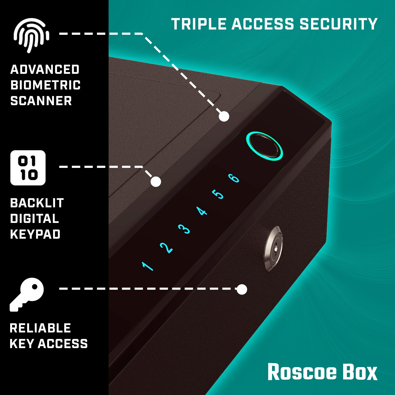 Roscoe Box Gun Safe Manual Key, Pin Keypad, Fingerprint, LED (Don't Tread On Me)