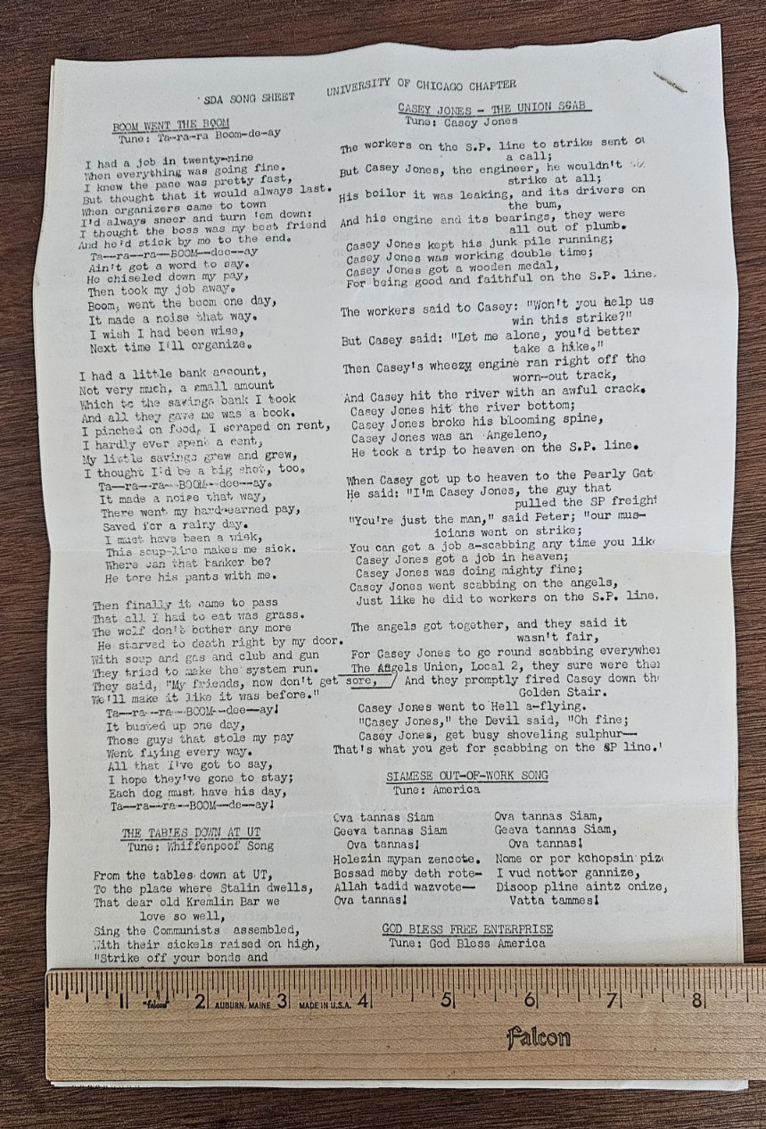 1950 SDA Students for Democratic Action Univ. of Chicago song sheet ADA student