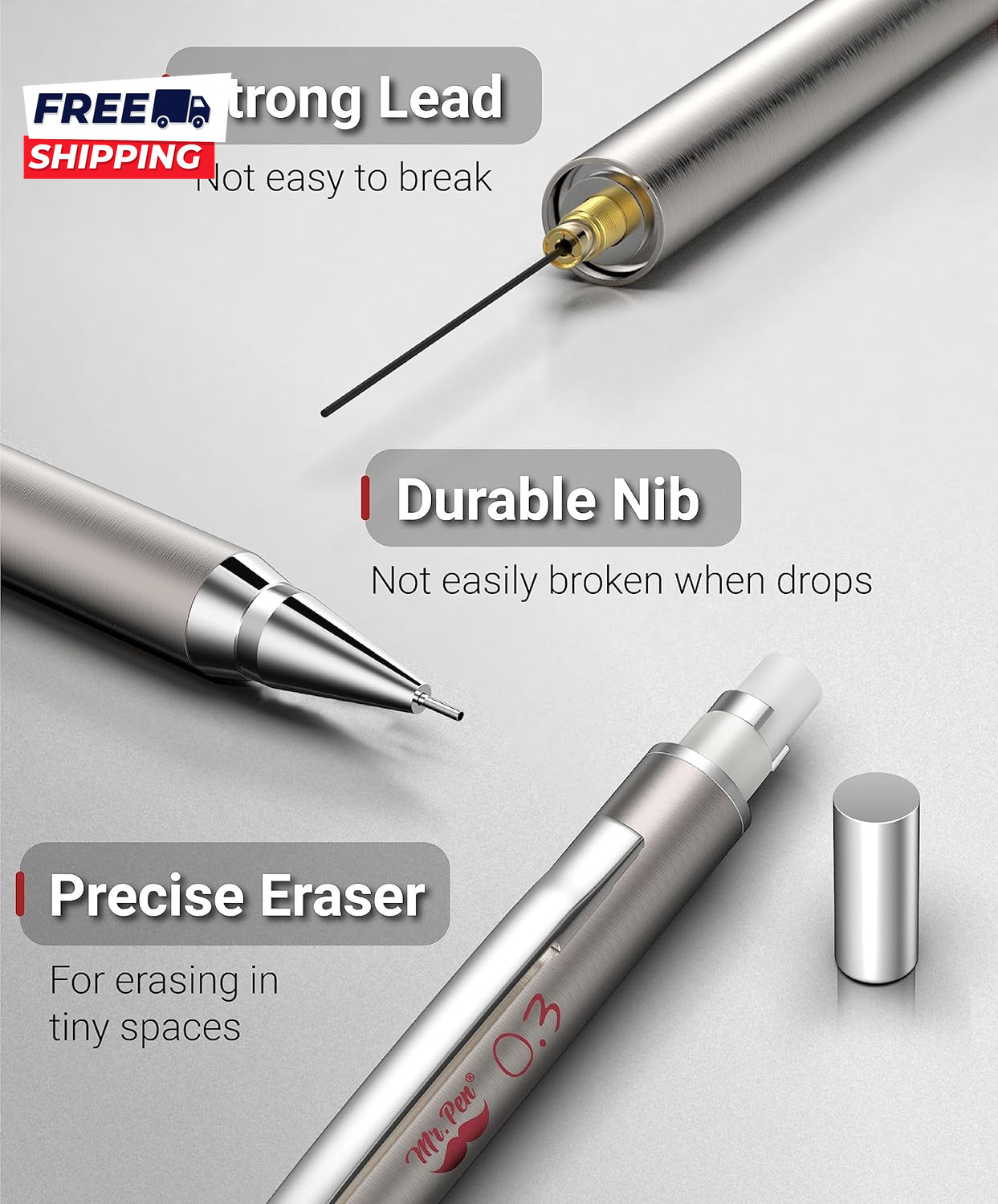 Metal Mechanical Pencils 0.3Mm 2 Pack Pencil Mechanical Lead Pencil Metal