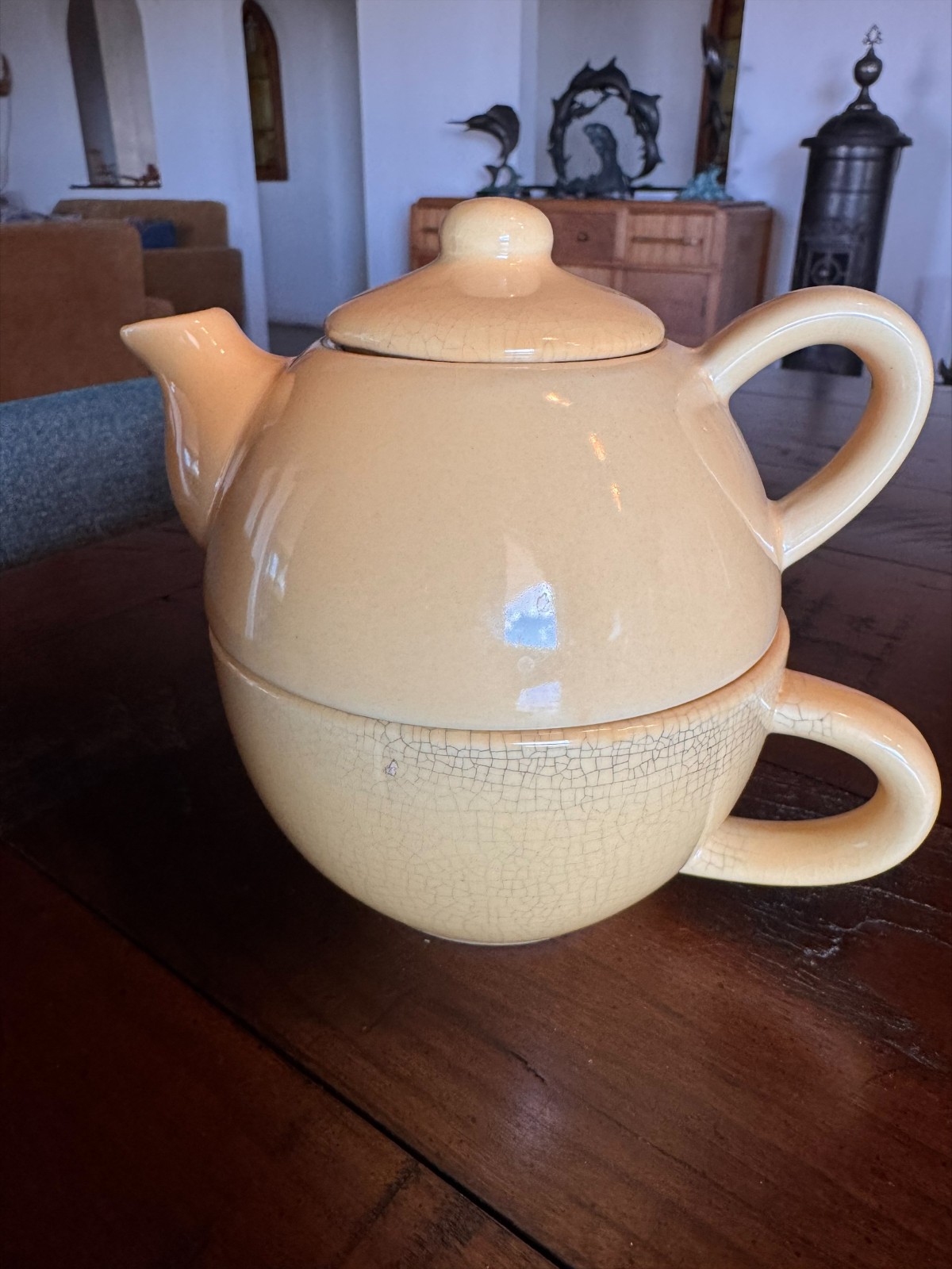 Pier 1 Teapot Mug Set Stackable Tea For One Yellow Green Crackle Glaze China Set