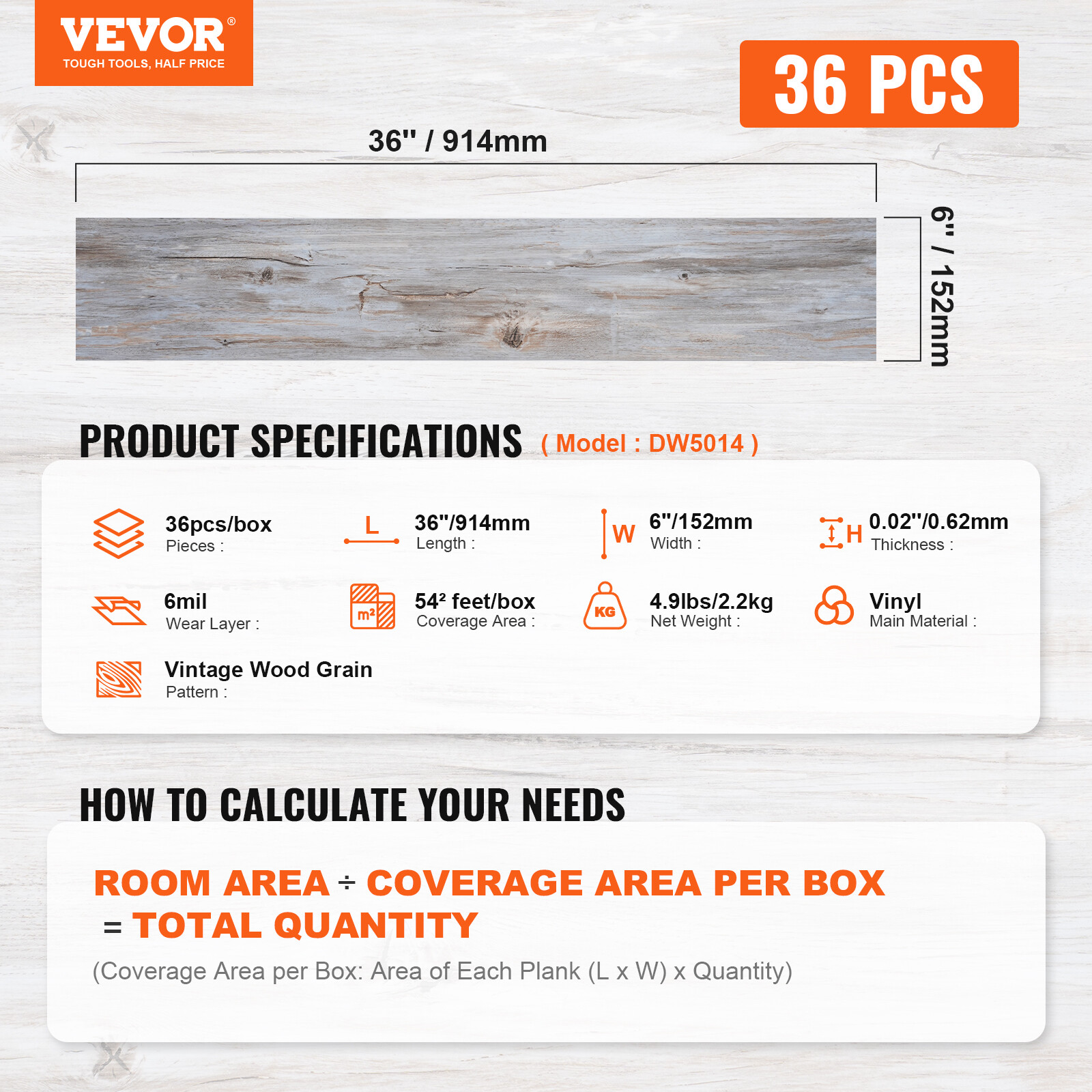 VEVOR Self-Adhesive PVC Vinyl Floor Plank Wood Tiles Peel Stick 36PCS 54 sq.ft