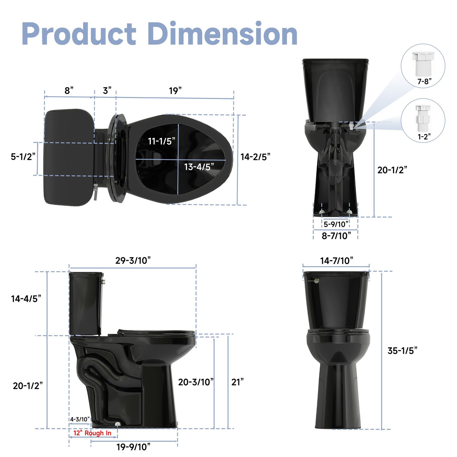 Elongated Two Piece Toilet with 21'' Height Seat Single Flush 1.28 GPF Black