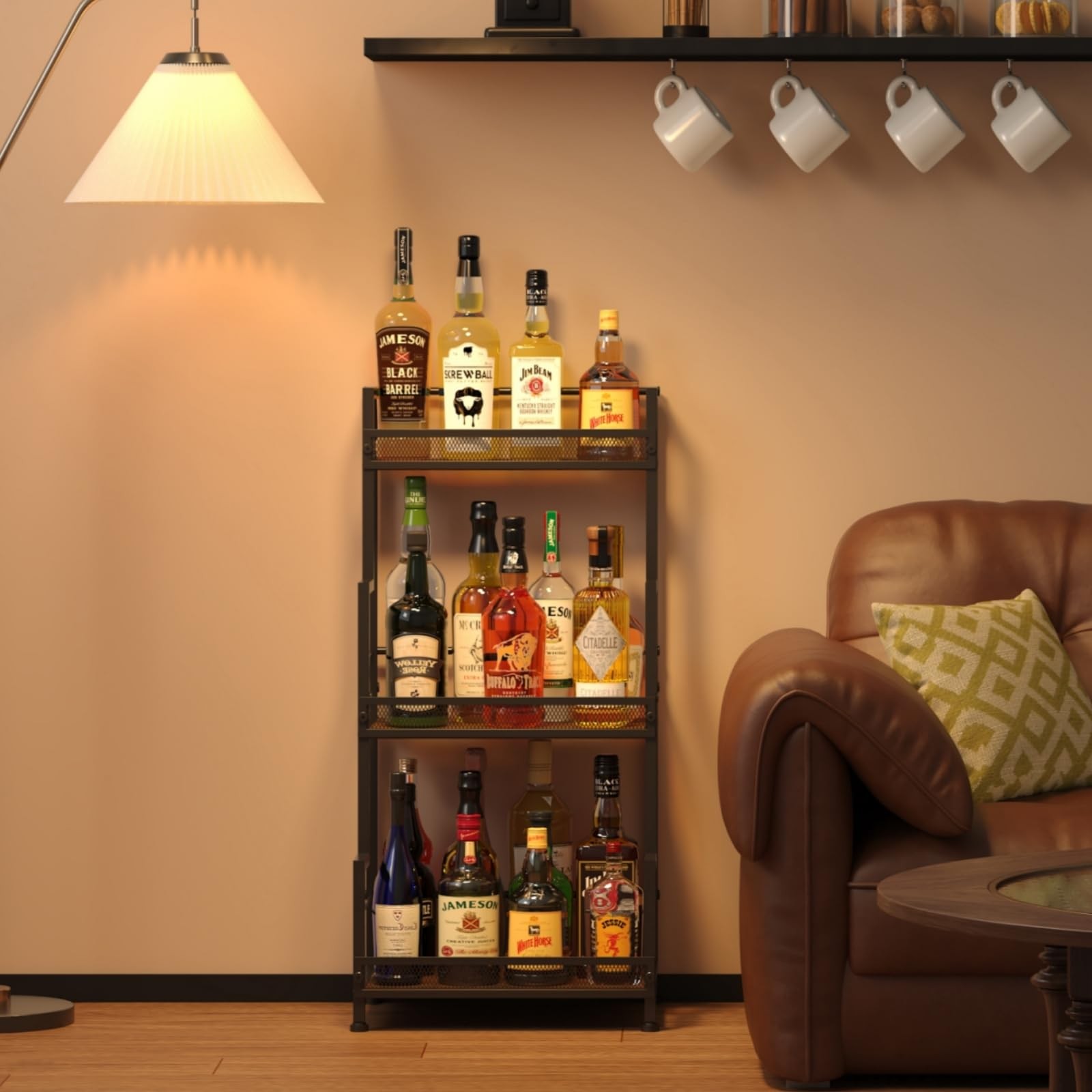 3-Tier Liquor Cabinet Wine Bottle Display Shelf for Home Bar Space Saving