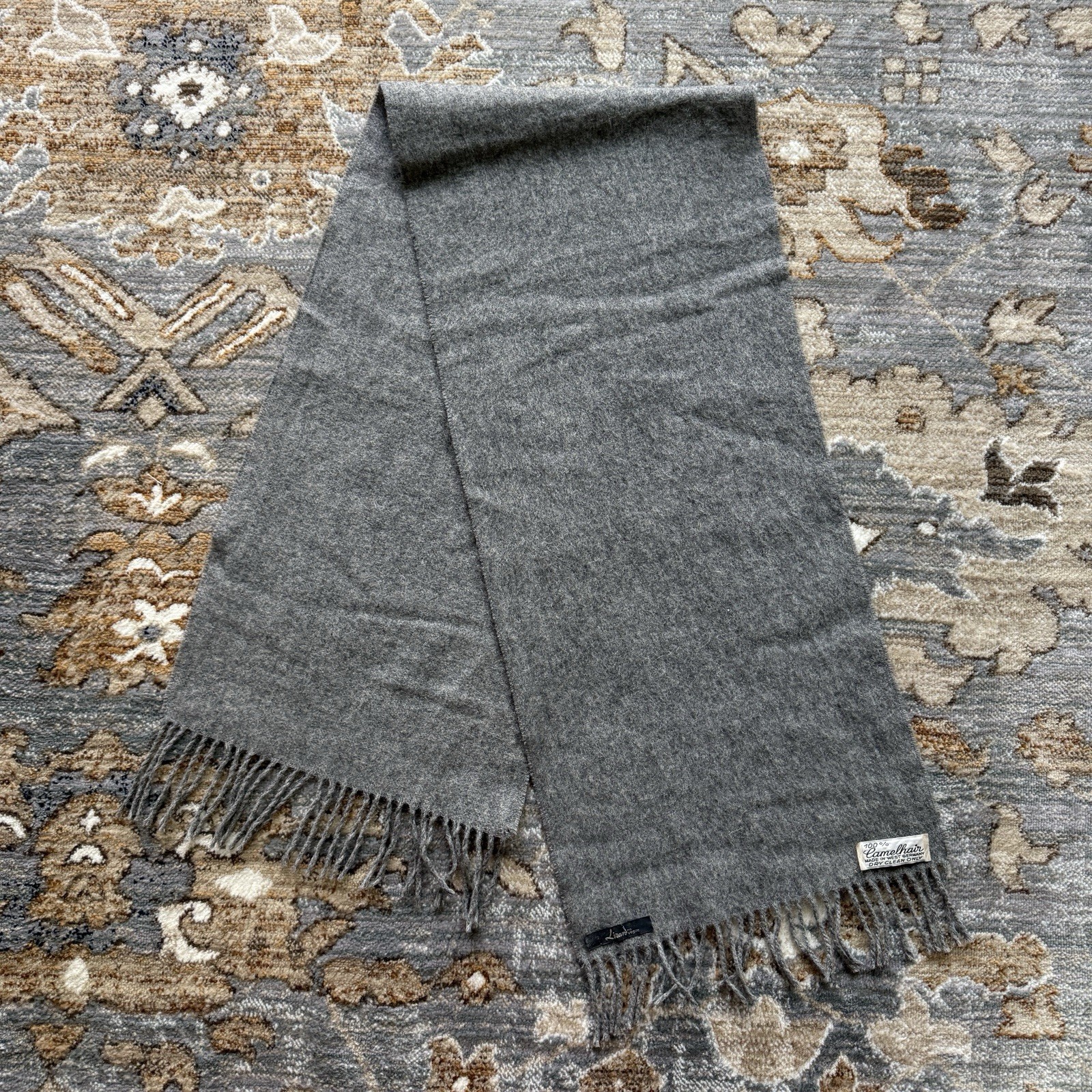 Vintage Lirard 100% Camel Hair Scarf Gray Made In Germany Minimal 50” Length 80s