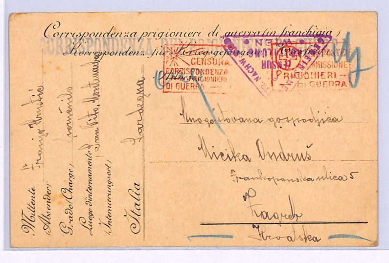 ITALY/CROATIA WW1 POW MAIL Card CENSOR Zagreb San Vito SARDINIA 1916 XV246