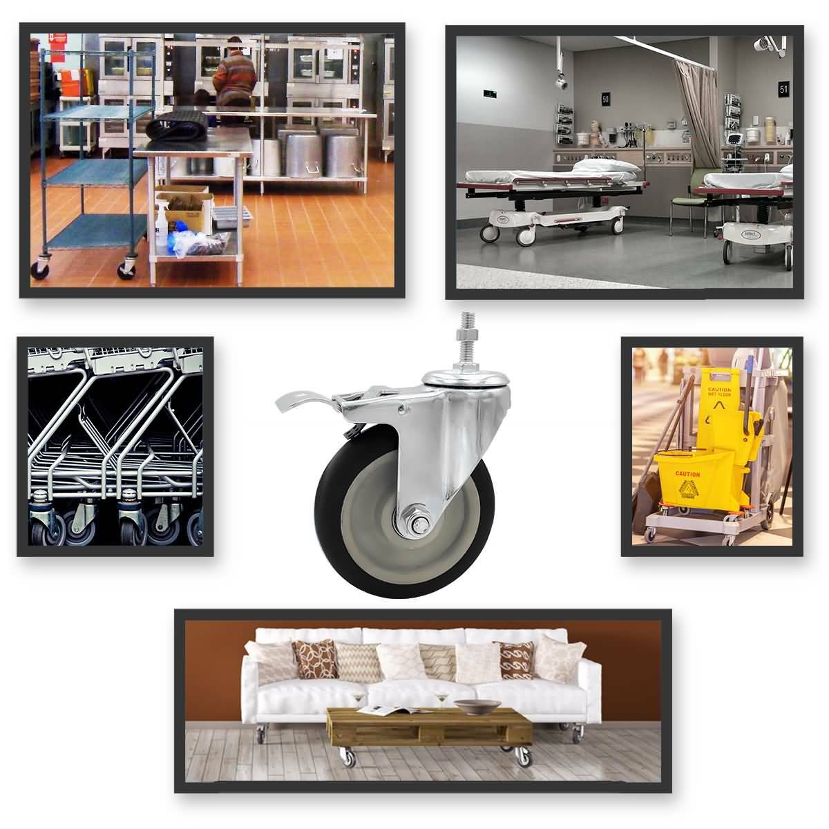 4 Pack 5 Inch Stem Caster Swivel w/ Front Brake Black PU Heavy Duty Caster Wheel