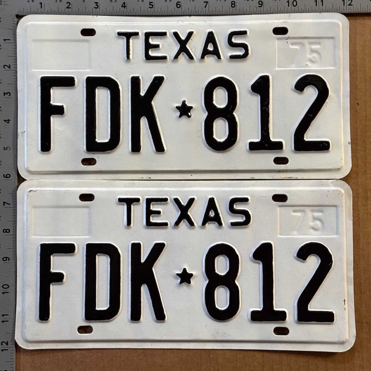 1975 Texas license plate pair FDK-812 YOM DMV Ford Chevy Dodge 22985