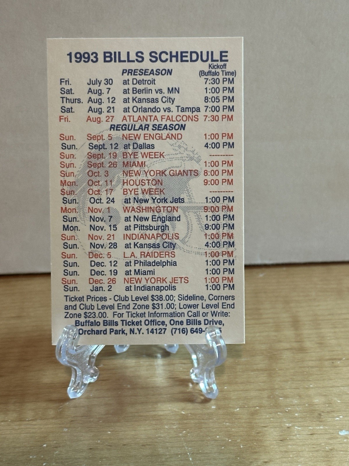 1993 Buffalo Bills Pocket Schedule