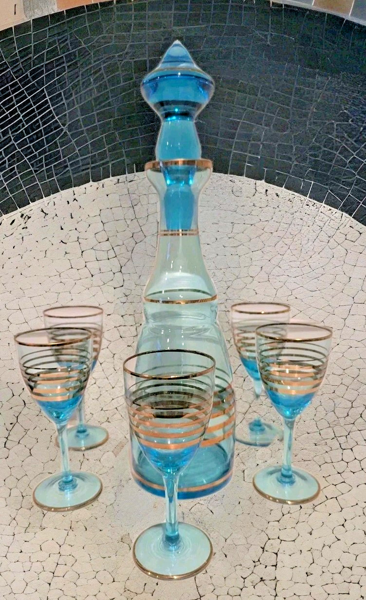 MCM Vintage Teal Blue & Gold Romanian Glass Decanter 4 Cordial Glasses 7 pc Set