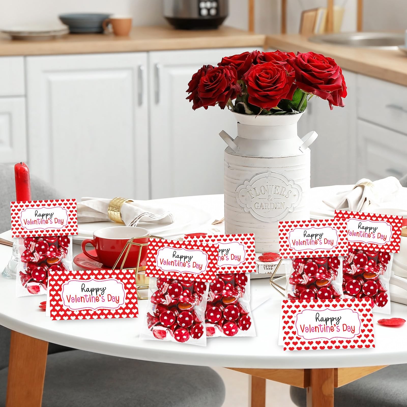 60 Set Valentine's Day Self-Adhesive Goodie Bags Candy Cello Bag with Topper Red