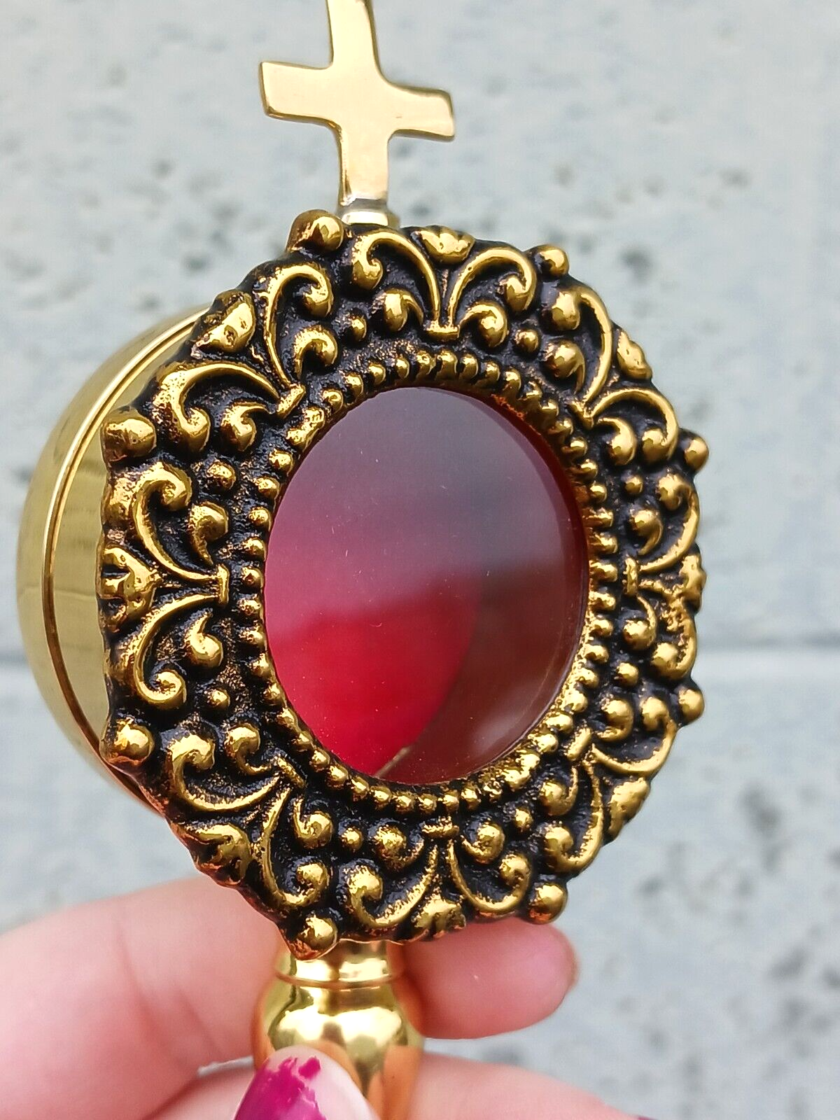 Antiqued Brass Personal Reliquary for Catholic Church or Home Use 8 Inch