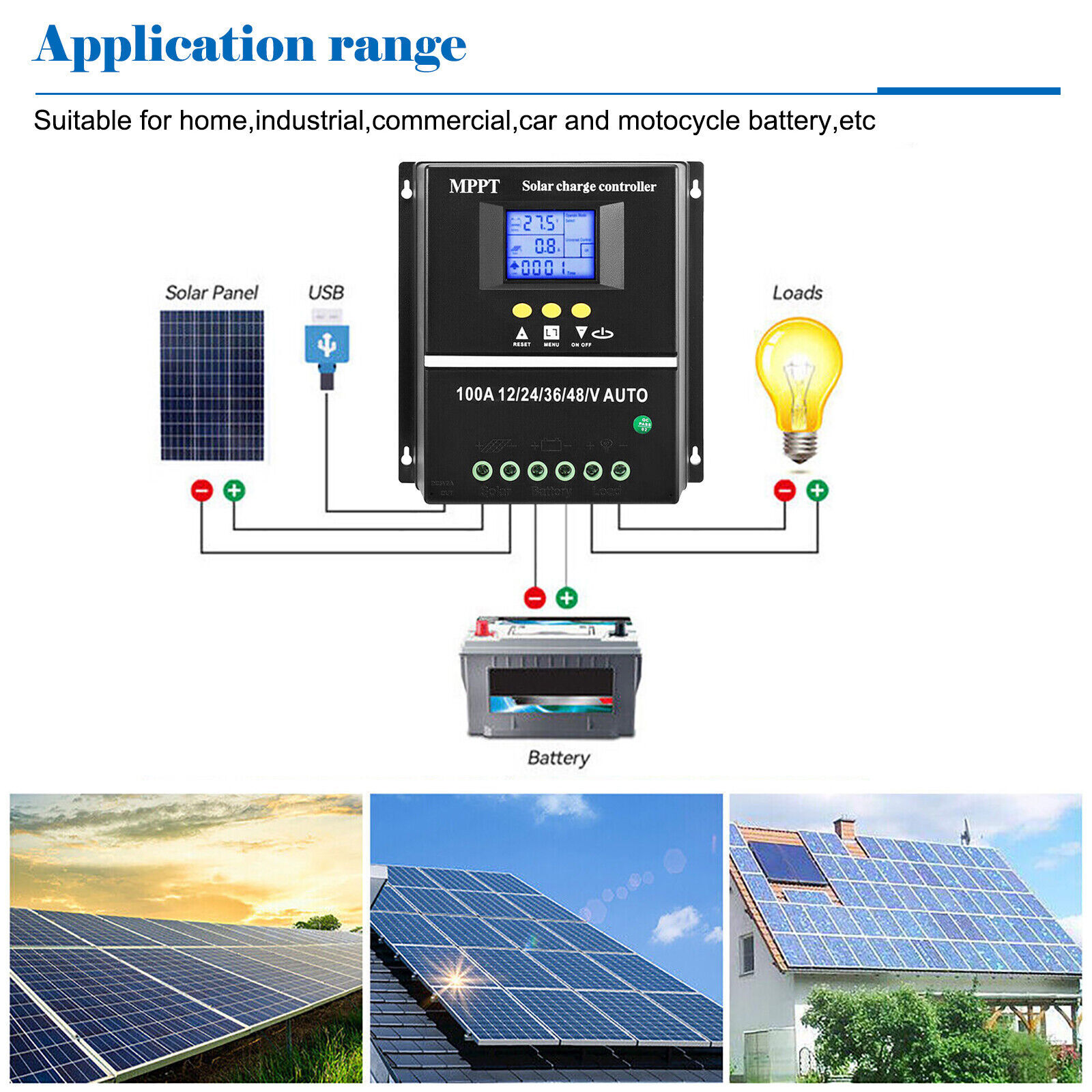 4000W 100A MPPT Solar Charge Controller 12V/24V/36V/48V Battery PV Regulator USB