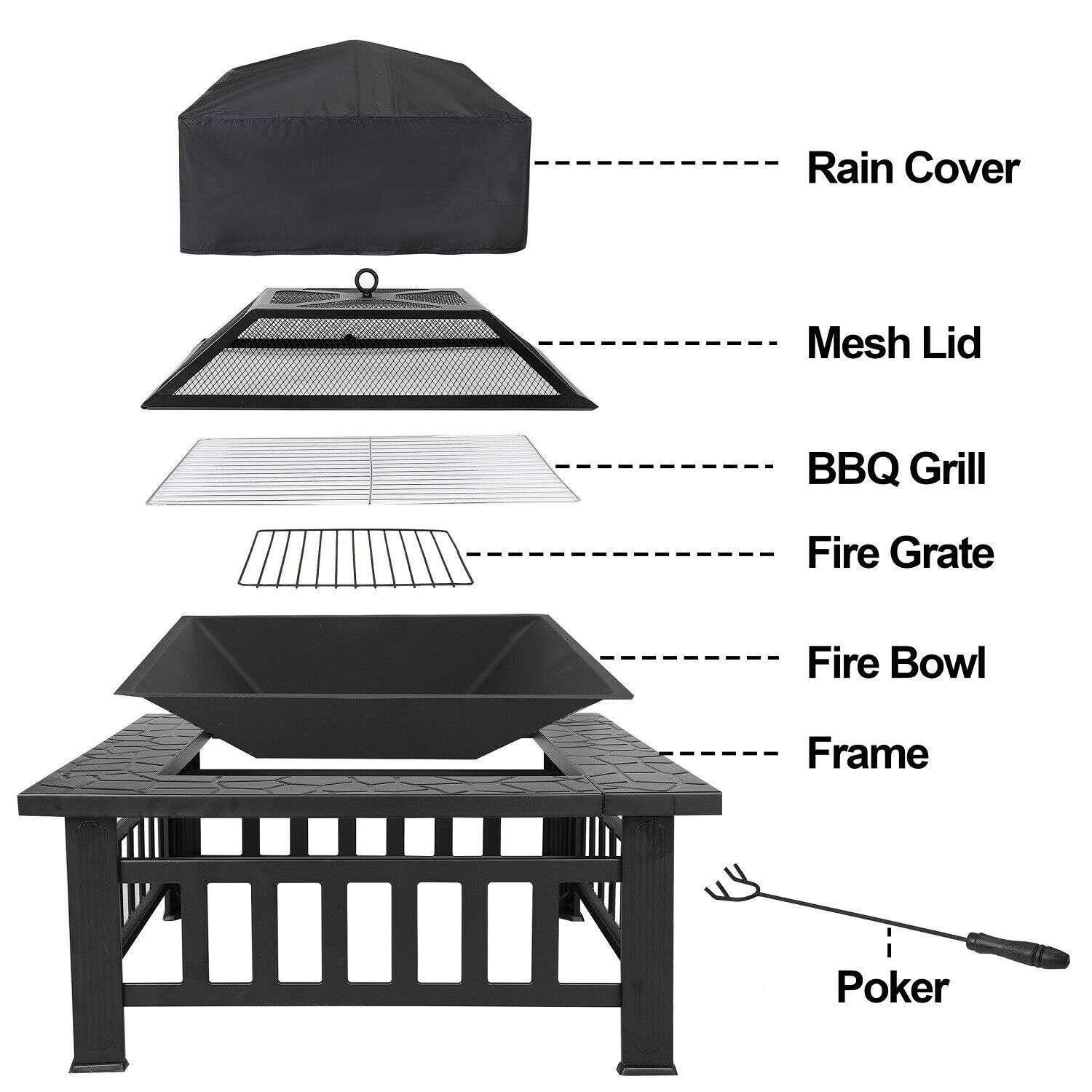 32" Fire Pit Square Metal Firepit Backyard Patio Garden Stove W/Cover Outdoor