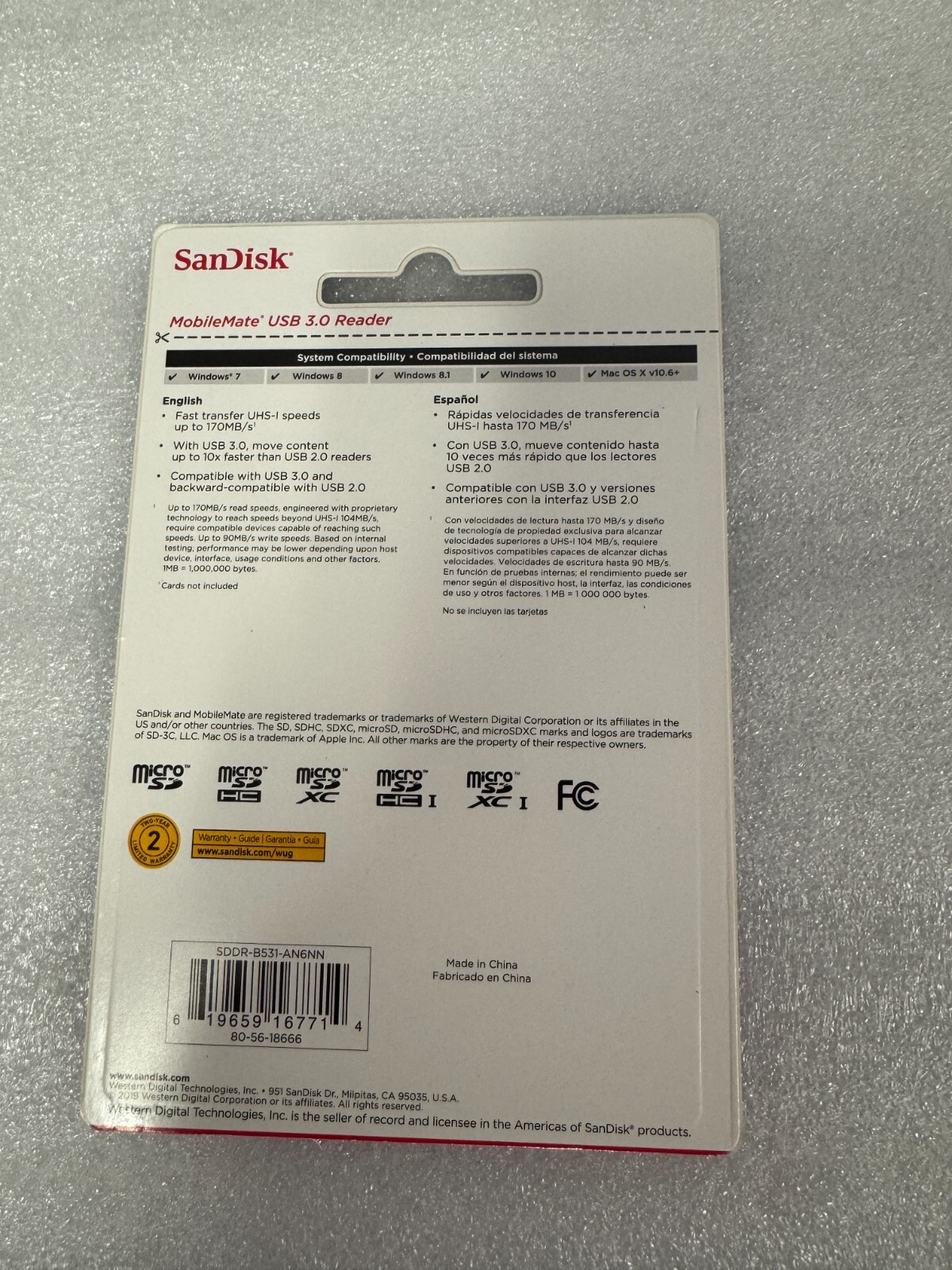 Brand New SanDisk MobileMate USB 3.0 microSD Card Reader SDDR-B531-AN6NN