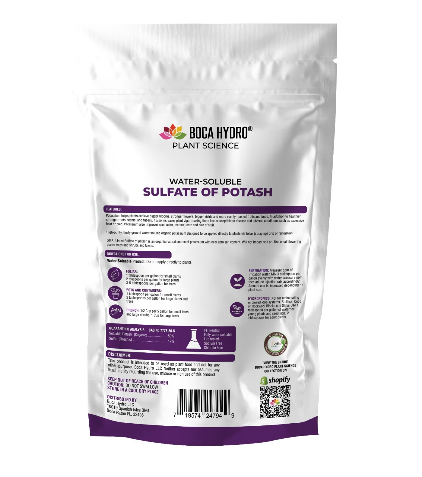 Boca Hydro Organic Sulfate of Potash Water Soluable Nutrient Fertilizer 0-0-50