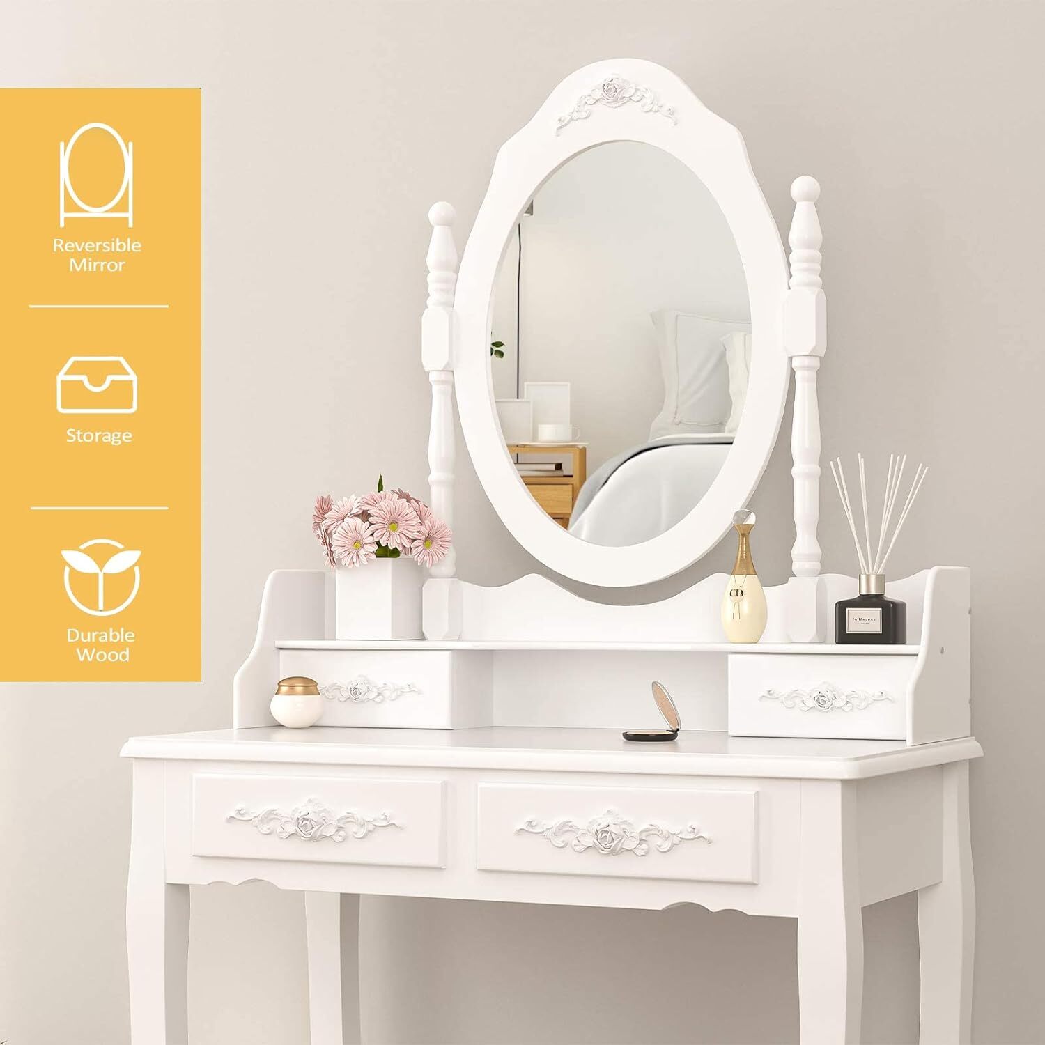 Vanity Makeup Dressing Table Stool Set w/4 Drawers& Mirrors Wood Desk White