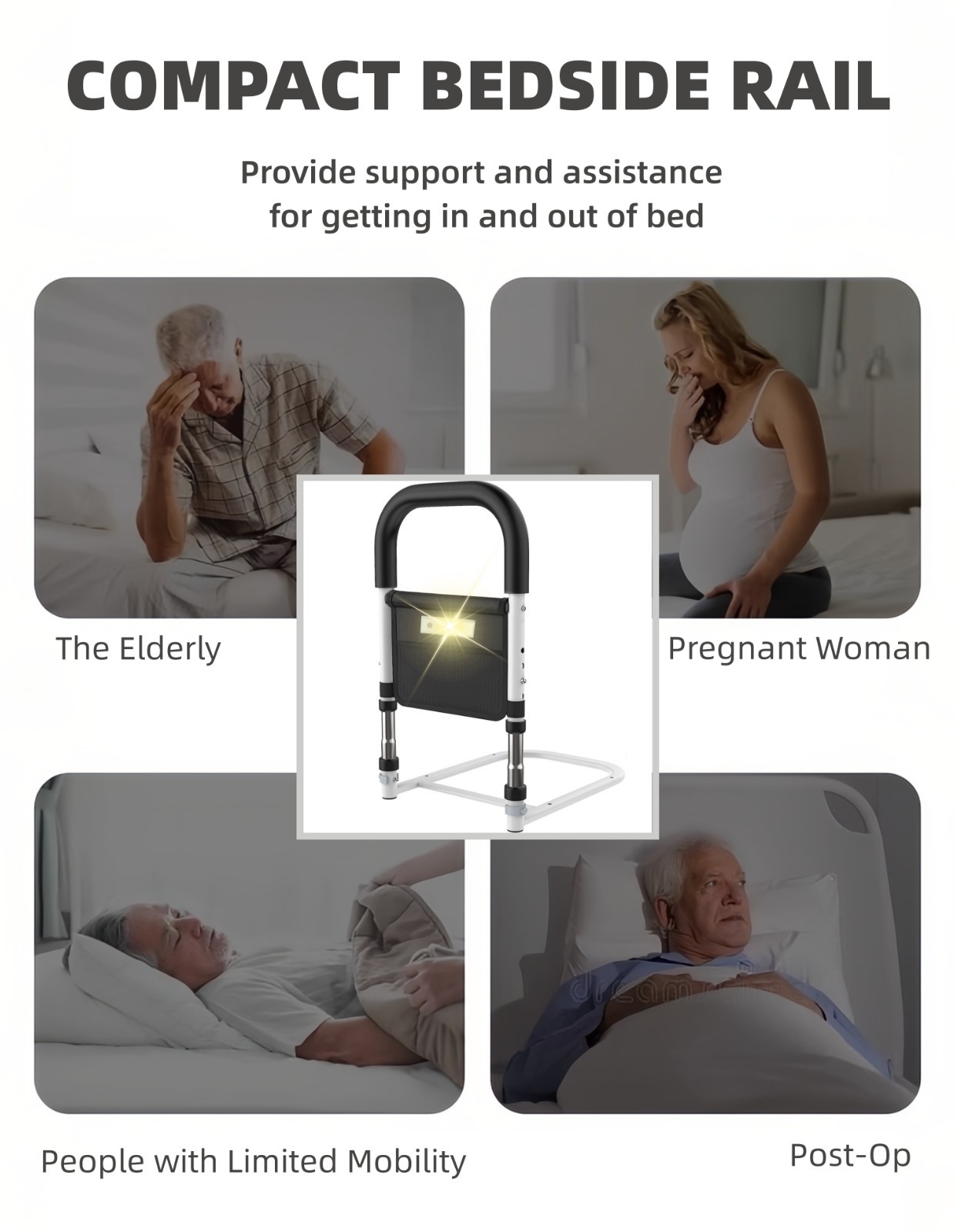 Bed Rails for Elderly Adults, Bed Side Assist Rail for Seniors with Motion Light