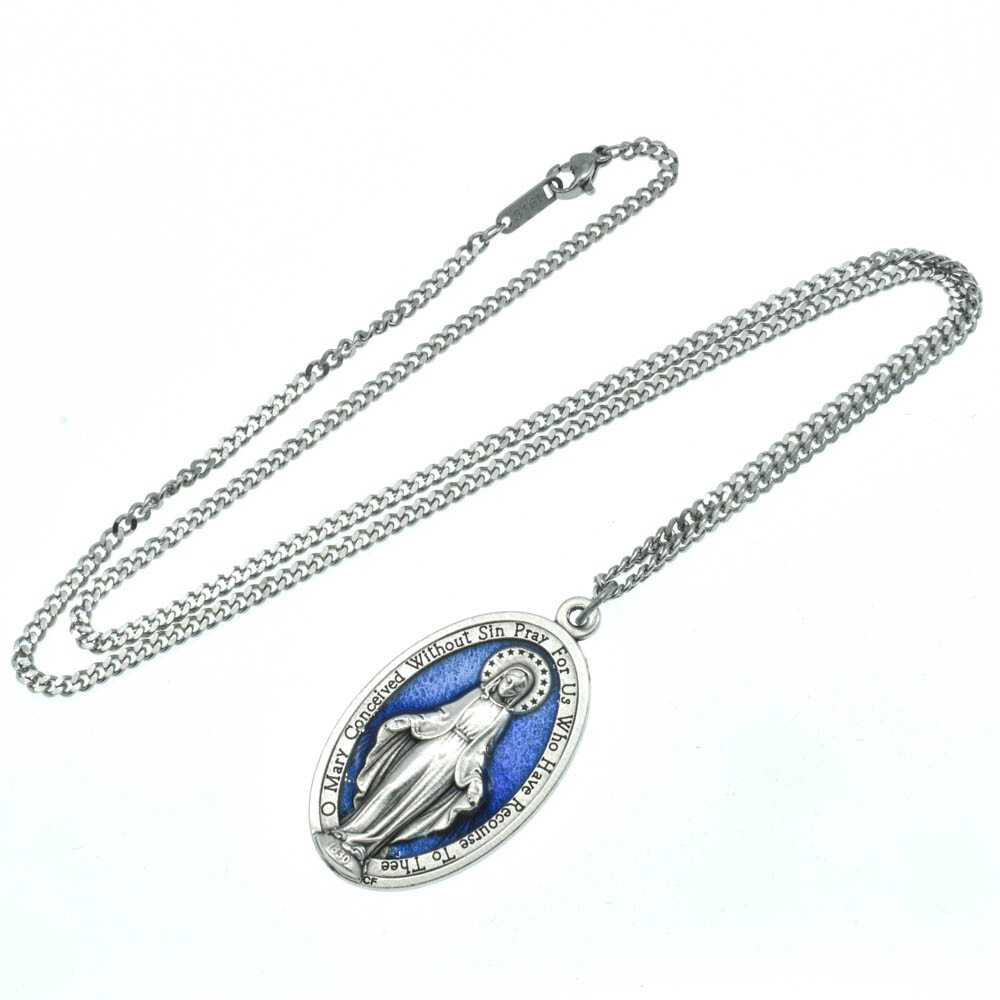 Large 1 3/4" Blue Miraculous Medal Mary Pendant Necklace Italy w 24" Curb Chain
