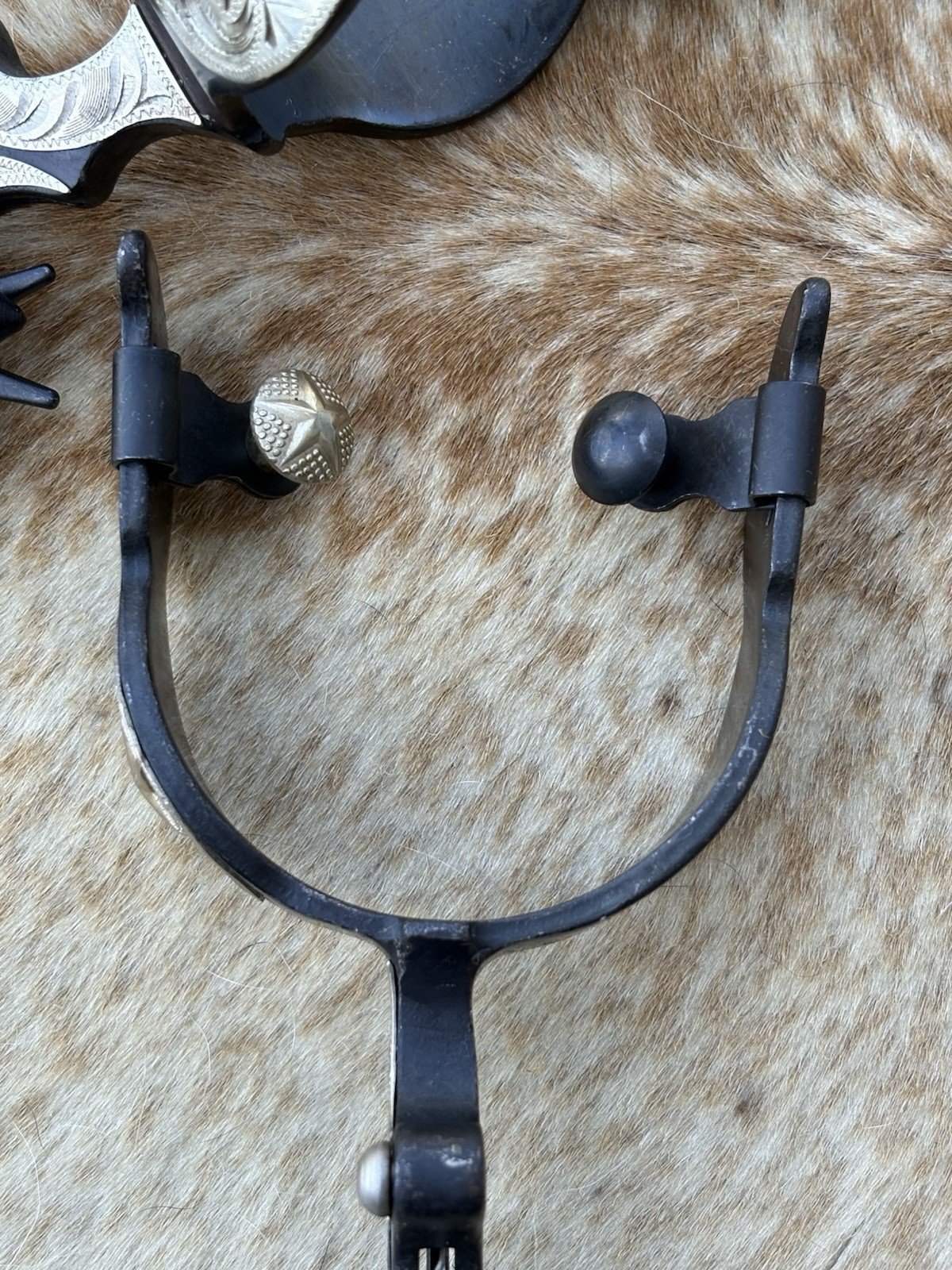 Men’s Size Black Steel Jingle Bob Spurs Engraved Silver PAIR Oversized Rowels