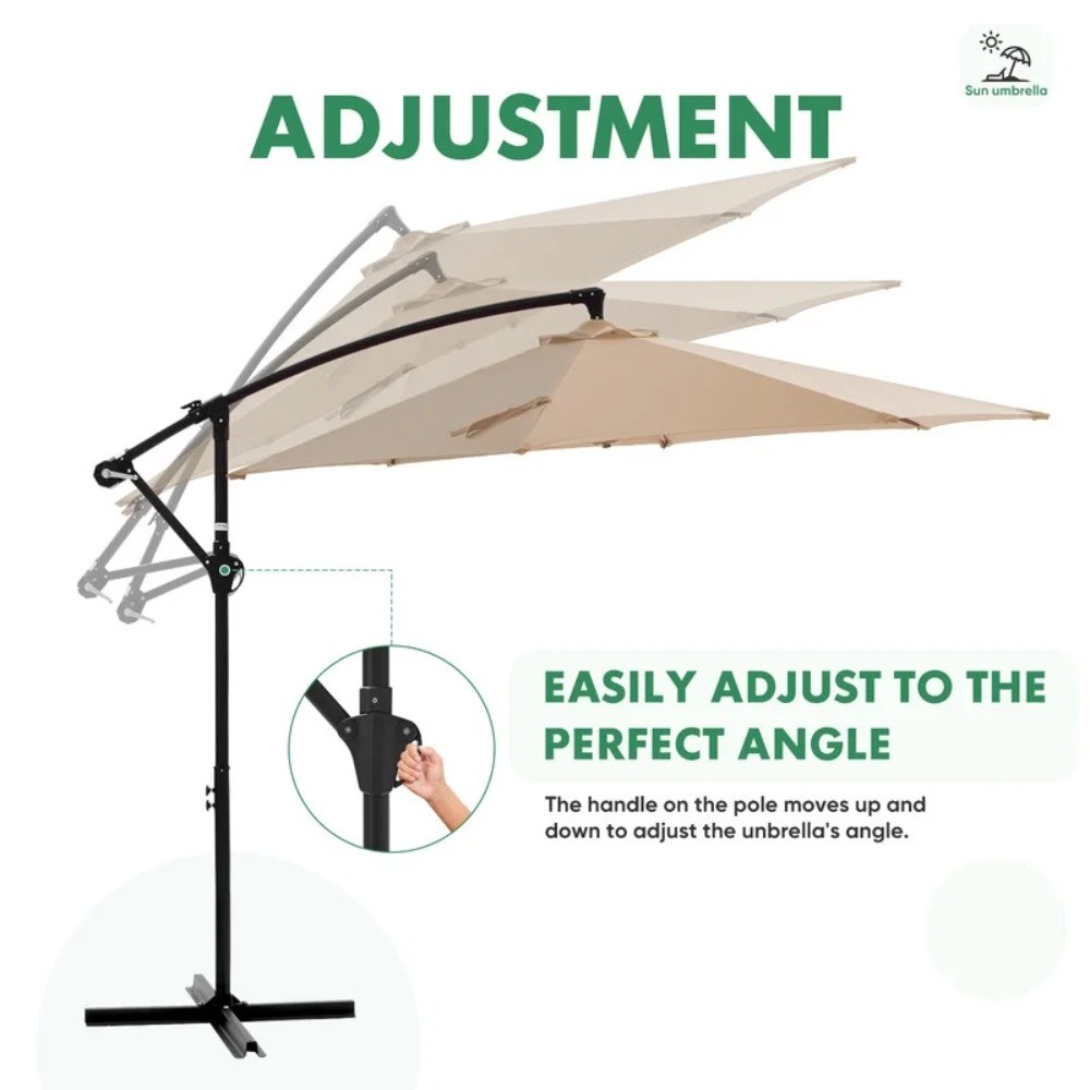 10ft Offset Hanging Patio Umbrella with Aluminum Stand, 8 Ribs, Khaki