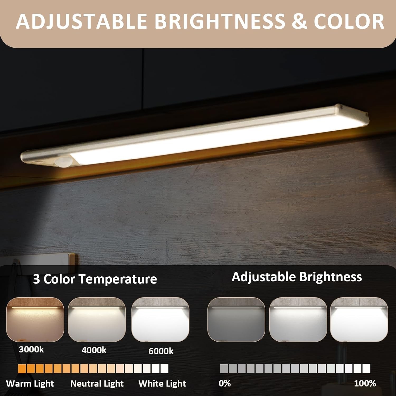 2 Pack 12in Under Cabinet Light Closet Bar 84LED Dimmable 3 Color Motion Sensor